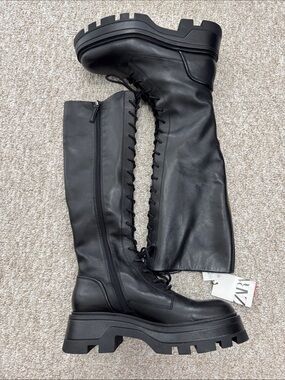 ZARA Black Lace-Up Over-the-Knee Platform Boots